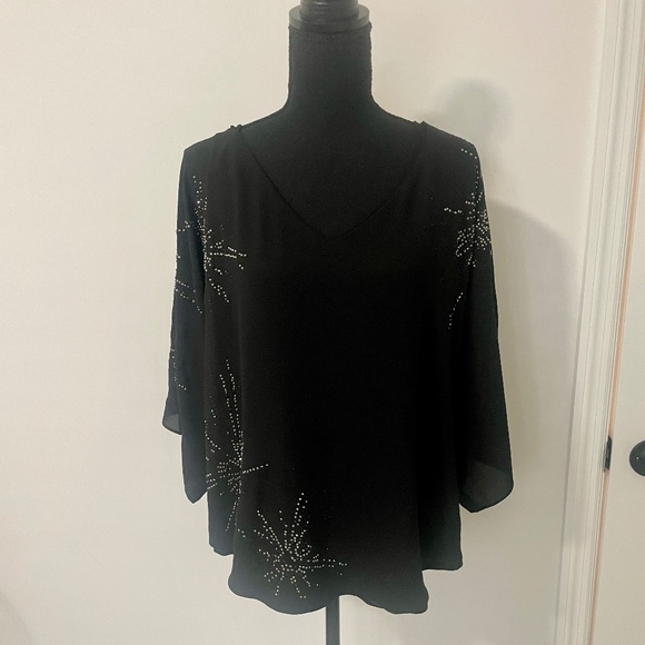 White House Black Market Kimono Sleeve Blouse, M, EUC, Black with Bling - Picture 11 of 13